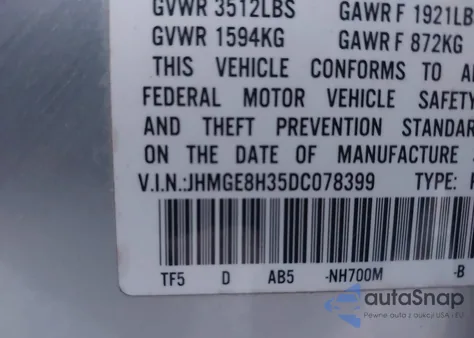 2013 Honda Fit из США, поврежденный, VIN JHMGE8H35DC078399